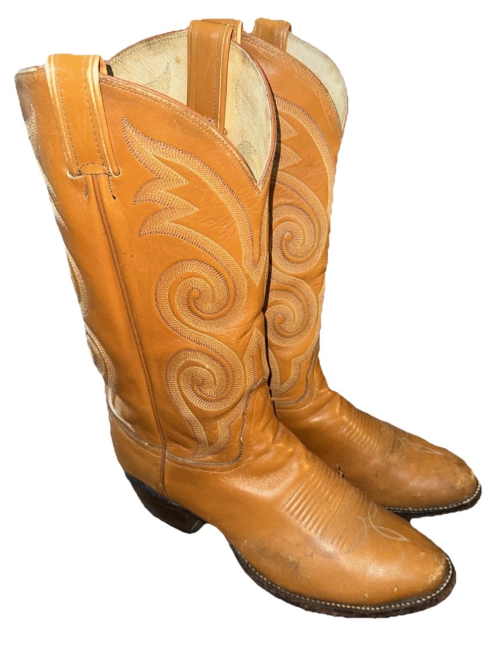 Vintage Tony Lama Gold Label Cowboy Boots Size 8 c Camel Tan Brown Round Toe